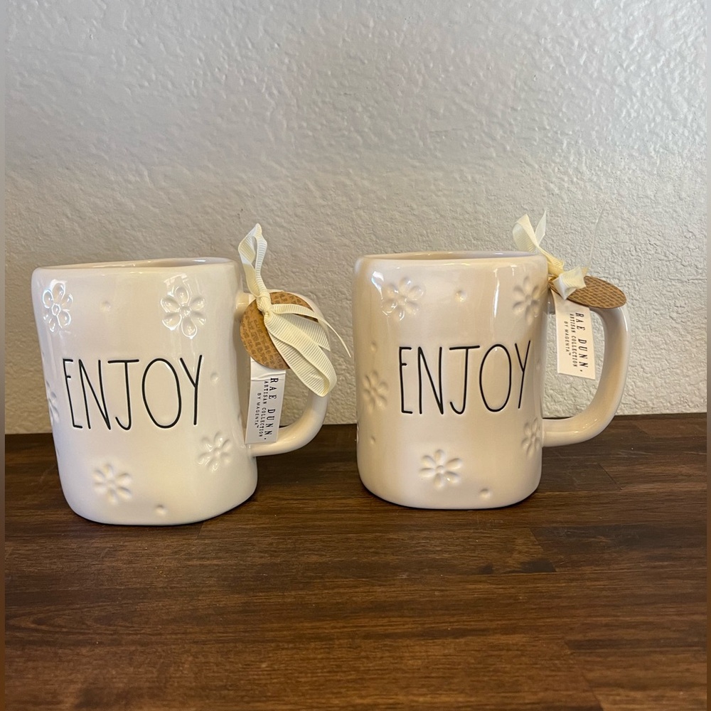 New Rae Dunn set of two “ENJOY” Mugs with‎ floral pattern
